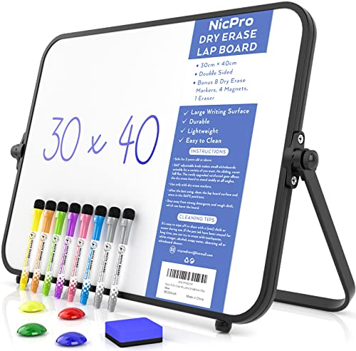 Nicpro Trockenlöschung Kleines Whiteboard A3 mit Ständer, Doppelseitiges Magnetische Desktop Schreibtafel mit 8 Stiften, 4 Magnet, Schwamm, für Studenten, Klassenzimmer, Büro(30 x 40 cm)