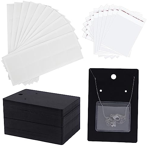 Temlum 100 Pcs Jewelry Display Cards with 100 Pcs Adhesive Pouches and Clear Bags, Necklace Earring Card Holders for Selling Jewelry Packaging Supplies (Black)