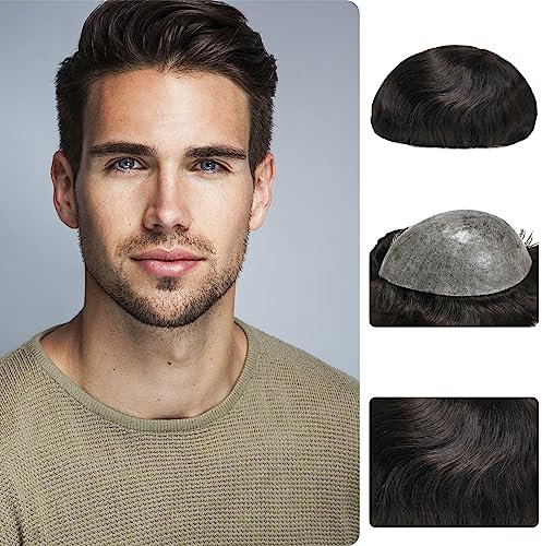 Zakya Perruque pour Homme, 100% Cheveux Humains, Système de Remplacement de Cheveux, Toupet Cheveux Humains, Taille de Base 20 x 25 CM (Marron Clair Foncé 3#)