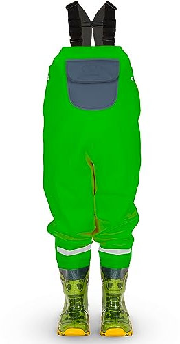 LOVRAIN wasserdichte Kinder Wathose Regenhose mit Stiefeln Kinder Brustwathose Krokodil Grün 34/35