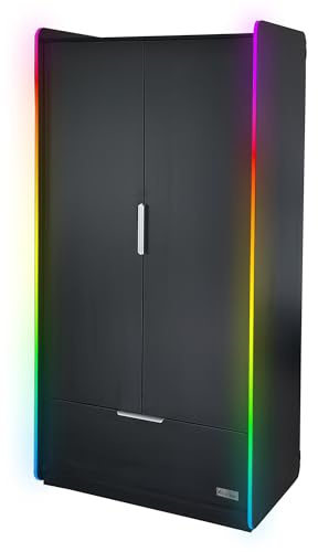 X-Rocker Electra 95cm x 55cm, RGB LED 2 Door Wardrobe - Neo Motion™ Sync App Controlled LED Lights, Clothes Hanging Rail, Storage Shelves, Bottom Drawer, Durable Wooden Frame for Kids & Teens - Black