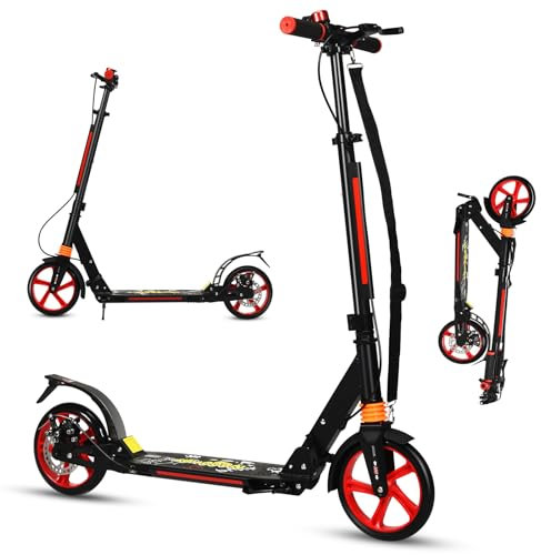 KOMFOTTEU Tretroller klappbar & höhenverstellbar, Scooter mit PU-Räder & Kingel, Kickscooter Cityroller inkl. Ständer & Traggurt, Roller für Kinder Erwachense bis 100kg (Schwarz)