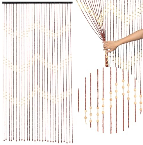 Garbenat Bambusvorhang - 90 x 175cm Perlentürvorhang 27-Zeilen Hölzern Perlenvorhang 3 Gewellt Muster Türvorhang Hängender Retro Teilervorhang mit Perlen Baumwollfaden Seilvorhang - Holz