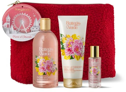 Bottega Verde - Fiori d'Oriente, Confezione Regalo con Bagnodoccia 400 ml, Eau de Toilette 30 ml, Crema Corpo 200 ml, in un Soffice Teddy Beauty Rosso, Idea Regalo