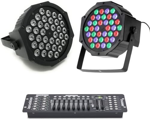 Set Centralina DMX MIXER 512 controller luci disco effetti dj 192 con 2 Fari Luce con 36 Led di Colori Vari RGB da 36 Watt, Sensore Sonoro Integrato con Luci Colorate per Feste Discoteca Eventi
