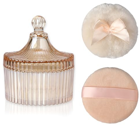 SUMTree Glass Body Powder Puffs and Container with Lid, Small, Amber