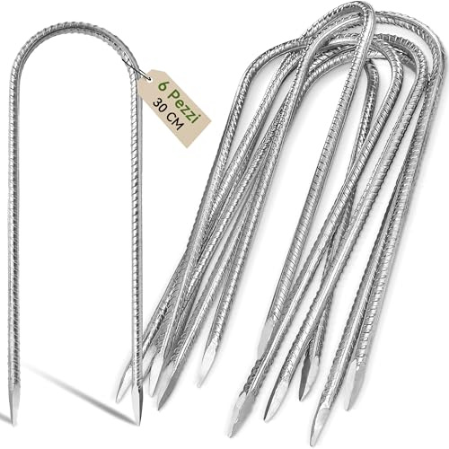 Graxury 12inch Heavy Duty Trampoline Tents Anchor Ground Pegs - Galvanized Steel Rust-Proof U Hook Rebar Stakes Fit Camp Garden Shed Swings with Chisel Point End Silver (6 PCS)