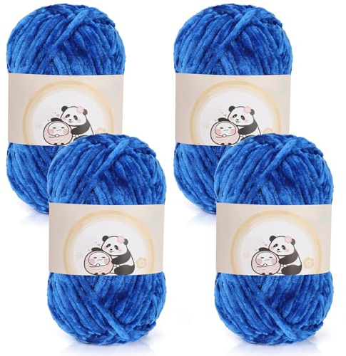 Aeelike Chenille Yarn Set 400g, 4 Pack Plush Chenille Chunky Wool for Knitting 100g Balls, Soft Fluffy Velvet Chunky Yarn for Crochet Amigurumi, Thick Blankets, Scarves and DIY Crafts, Royal Blue