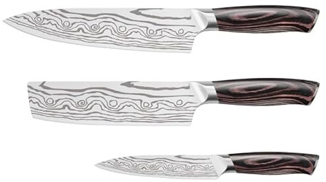hecef Set Coltelli da Cucina 3 Pezzi Acciaio Inox – Manici Ergonomici Pakkawood, Motivo Damascus Laser, Ultra Affilati, Chef, Nakiri e Universale, Regali Pratici per Ogni Cucina (Legno Pakka Grigio)