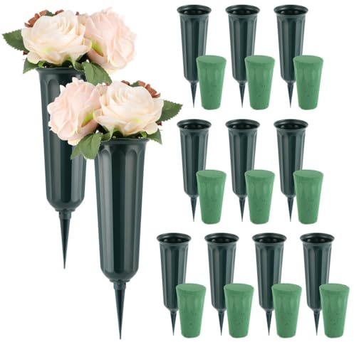 Lot de 12 vases funéraires en plastique avec piques et inserts en mousse, supports de fleurs de cimetière pour décorations funéraires
