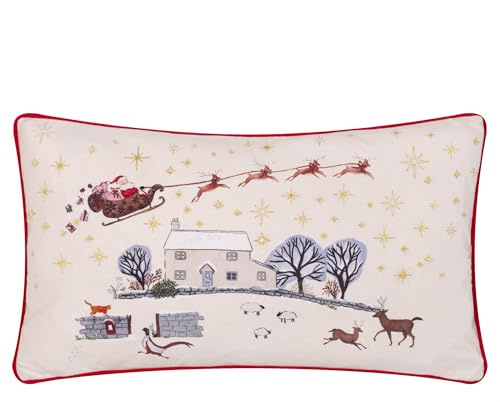 furn. Cotswolds Christmas Cushion Cover – Festive Winter Village Scene Velvet Embroidered Case (Cream/Burgundy - 30x50cm)