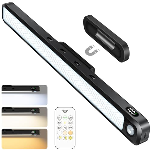Ferswe 5W Motion Sensor LED Light Bar with Remote, 2500mAh Under Cabinet Lights with Battery Display,Eye-Friendly Mirror Lights Stick on, Rechargeable Light Bar for Cabinet, Closet, Bathroom and Desk