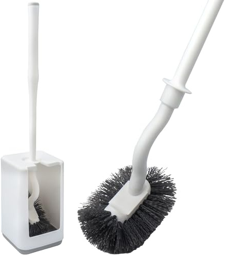 LHNNDM 1 escobilla de inodoro y soporte, cepillo de inodoro de diseño curvado, cepillo de inodoro con limpiador de bordes, mango largo y cerdas fuertes para limpieza de baño (1)