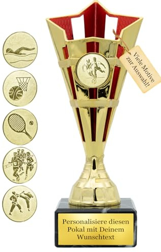 Pokal mit Wunschtext – 21 cm - Gold-Rot - inkl. Gravurschild und Emblem - Trophäe für Sport, Geburtstag, Firma, Schule, Kinderwettbewerb