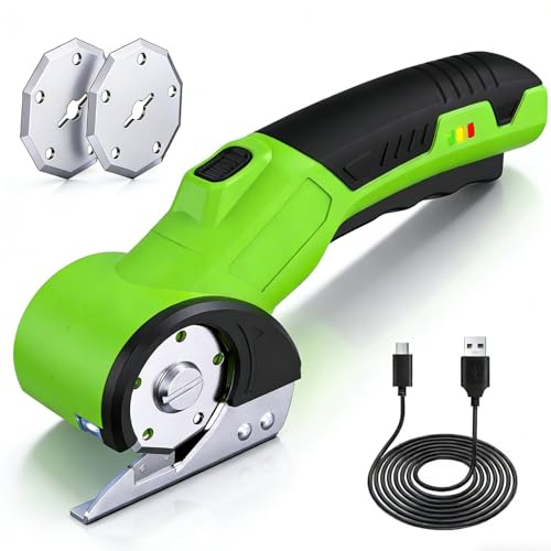 Forbici Elettriche Per Cartone, 4,2V Forbice Elettrica Senza Filo Taglia Cartone Elettrico Ricaricabile,Taglierina Rotante A Batteria Cesoie Multiuso Con Luce LED, 2 Lame Per Pelle, Moquette, Tessuti