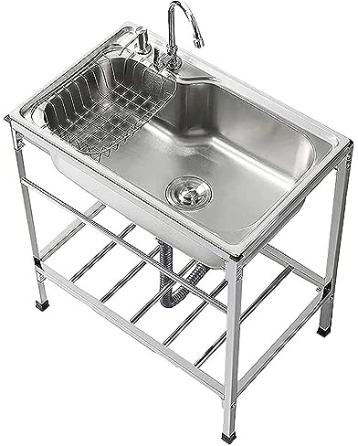 Lavello in acciaio inossidabile 304 a 1 scomparto, autoportante, per ristorante, con rubinetti freddi e caldi, per la preparazione e l'utilità di lavaggio, per cucina, garage, lavanderia all'aperto