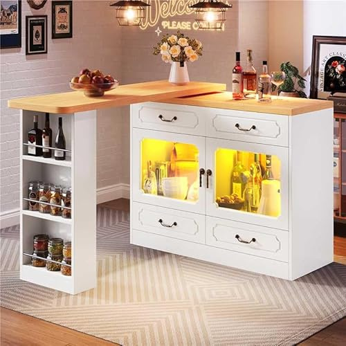 Gxffipw 360° Drehbarer Bartisch Höhe 92.8 cm mit LED Licht und 4 Schublade, Drehbare Esstisch mit Stauraum, Sideboard Bartisch Küche mit Glastür, Küchenschrank Barschrank für Esszimmer, Weiß