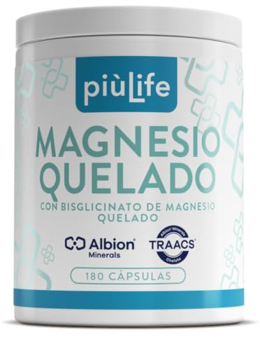 Chelated Magnesium Bisglicinato 337,5mg PiùLife, Magnesio Bisglicinato Albion TRAACS Con Vit B6, B5, B1, 180 Cápsulas, Función Muscular, Sistema Nervioso, Cansancio, Magnesio Quelado