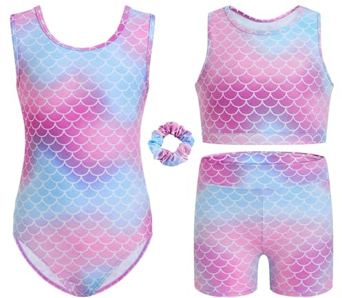 Gogokids Barn-gymnastik-leotard set i 4 delar, barngymnastikkläder med blomtryck leotard, crop-topp, shorts och hårband | danskläder för balett, yoga, föreställningar | ålder 3–12 år