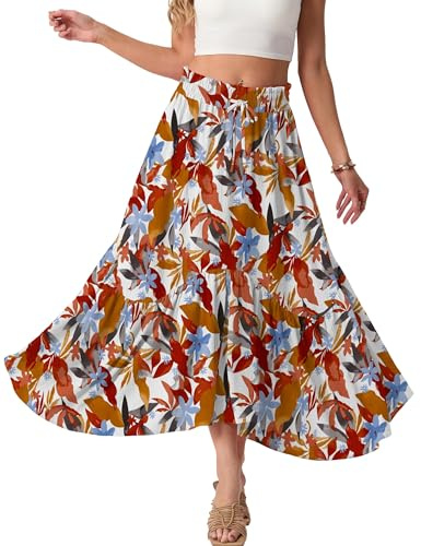 GRECERELLE Maxi gonna estiva da donna, con elastico in vita, linea ad A, gonna lunga da donna, con tasche e orlo asimmetrico con volant, stile bohémien, casual (acero bianco, XXL)