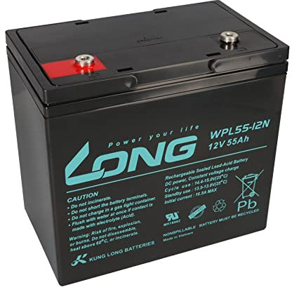 Kung Long WPL55-12N 12V 55Ah Bleiakku Batterie, geeignet für Sicherheitstechnik, Brandmeldeanlagen, ELA-Anlagen, USV, Telekommunikation, Notstromanlagen (55Ah)
