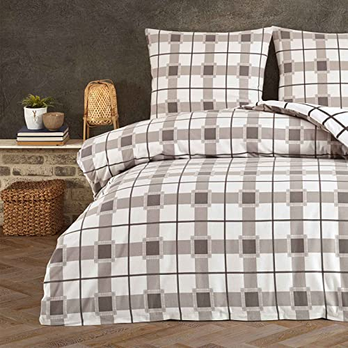 Style Heim Biber Bettwäsche 155x220 cm Flauschige Winterbettwäsche 2 Teilig 100% Baumwolle mit Reißverschluss Bettwäsche-Set Kissenbezug 80x80cm, Wendebettwäsche Kariert Gestreift, Grau Weiß