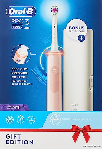 Oral-B Pro 3 Electric Toothbrush For Adults, 1 3D White Toothbrush Head & Travel Case, 3 Modes with Teeth Whitening, 2 Pin UK Plug, 3500, Pink.
