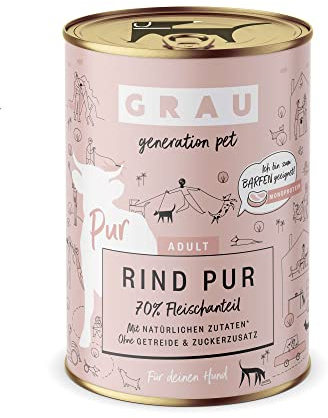 GRAU generation pet Rind Pur | 6 x 400 g | Nassfutter für Erwachsene Hunde | Rind als einzige tierische Proteinquelle | Zum BARFen, selbermixen oder als Ausschlussdiät geeignet