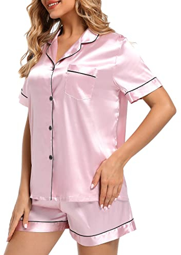 Finvizo Womens Silk Satin Pyjamas Set: Ladies Pajamas Short Sleeve Bride Pj Set Two-piece Sleepwear Silky Button-down Nightwear Soft Loungewear Sets, Pink XXL