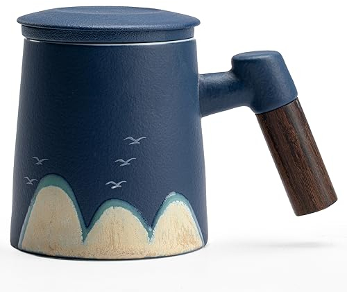 Hsnbosym Teebecher mit Deckel.400ml Teetasse aus Keramik mit Sandelholzgriff.Handgefertigtes Muster auf losem Blattteebecher.eebecher zum Verschenken (Blau)