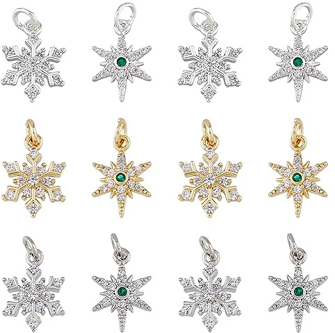 SUPERFINDINGS 12Pcs 6 Style Brass Star Snowflake Pendants Mixed Color Cubic Zirconia Charm with Jump Ring Plating Winter Christmas Pendant for Jewelry Making Hole: 3.5mm