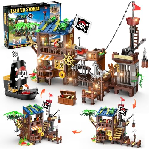 HOGOKIDS Piratenschiff Wharf Bauspielzeug mit LED Licht – 781Teile Mittelalterliches Piraten Haus Bausteinset, Architektursteine Set für Kinder Mädchen Jungen 6-12+ Erwachsener Geburtstagsgeschenk