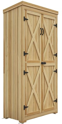 Outsunny Wooden Garden Shed, Outdoor Storage Cabinet with Waterproof Galvanized Metal Roof, Narrow Tool Shed with 3 Shelves and Lockable Door, Natural