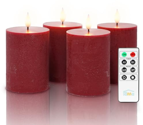 Fanna 4 Bordeaux Red Real Wax Flameless LED Pillar Candles with Remote in Rustic Design, Battery Operated Advent Candles with Timer for Christmas, Remote and Batteries Included - D7.5cm x H10cm
