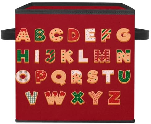 VAPOKF Scatola portaoggetti pieghevole, in tessuto, a forma di cubo, organizer con manici, per giocattoli, vestiti, libri, armadio, camera da letto, casa, alfabeto rosso di pan di zenzero