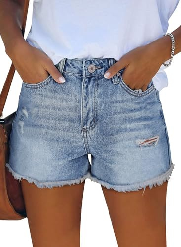ZOLUCKY Jean Shorts for Women Ripped Denim Shorts Frayed Raw Hem Mid Waisted Shorts for Summer Light Blue M