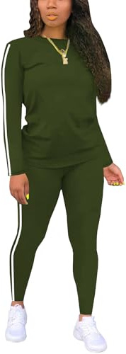 BNGPIKLY Hockey Loungewear Sets Woman Striped or Quilted Colors O Neck Long Sleeve Top and Pants Green S