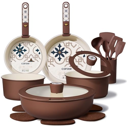 CAROTE 19Pcs Ceramic Cookware Set, Pots and Pans Set Non stick, Non Toxic Cookware Detachable Handle, Kitchen Cooking Set - Induction Cookware, Dishwasher/Oven Safe, PFAS Free, Chocolate