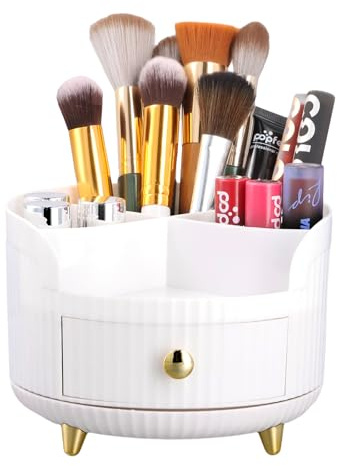 Ziyonix 360°Rotating Makeup Organiser, Makeup Brush Holder with 4 Compartments and Small Drawer Stationary Desk Organiser White Pen Holder for Vanity Cosmetics Bathroom