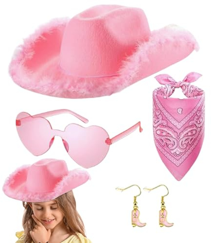 Chapeau De Cowboy Rose Pour Filles,4X Femmes Adultes Costume De Cowboy Chapeau De Cowgirl | Chapea De Jeu De Rôle De En Peluche, Tenue De Festival Pour Petite Amie, Femme Et Mère, Pour Mascara