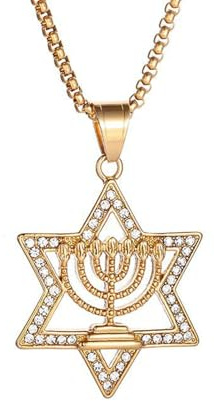 Étoile de David & Collier Menorah, Collier Pendentif Religieux Juif en Acier Titane Plaqué Or Bijoux Délicats pour Femmes et Hommes