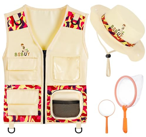 BSBUY Kit Explorador Niños, Disfraz Explorador Niños con Lupa, Sombrero de Cubo y Red para Atrapar Insectos, Chaleco Explorador Niña, Juego de Explorador Regalo para Niños de 3 a 8