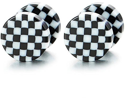 Men's Black and White Checkerboard Faux Gauge Stud Earrings, Round Plugs for Skater Style, Edgy Punk Streetwear