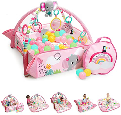 Bright Starts, Spieldecke mit Spielbogen 5 in 1 Your Way Ball Play - Rainbow Tropics, 20+ Min Licht und Musik, Erlebnisdecke & Bällebad mit 40 Bällen, Krabbeldecke mit 7 Spielzeuge, ab der Geburt