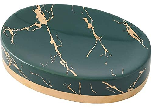 FülleMore Marmor Optik Seifenschale Keramik Seifenhalter Bad Waschbecken Seifenablage Küche Waschbecken Seifenteller Schwamm Halter 12x8.5cm (Dunkelgrün)