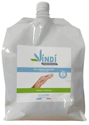 Vindi Désinfectant gel hydroalcoolique - Bidon-écorecharge de 2,5L - Fabrication Française - 76% d'alcool - Virucide