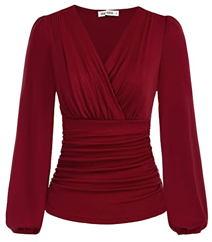 Damen Langarm Bluse Elegant Laterne Langarm Slim Fit Plissee-Tops Einfarbige Tunika Bluse Sexy Pullover CL1341A22-01_00M