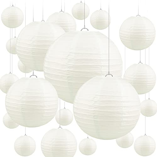 Jangostor 20PCS Off-White Paper Lantern Round Paper Lantern Hanging Paper Lanterns Decorations, 15 CM, 20 CM, 25 CM, 30 CM Different Sizes lantern lamp shades for Wedding Birthday Celebrations Garden