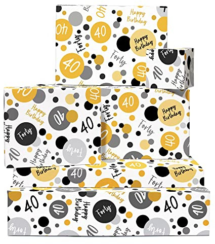 Papel de regalo de cumpleaños para hombre y mujer - 6 hojas de papel de regalo - Regalo de 40 cumpleaños para marido o mujer - Puntos dorados negros - 40 años - por Central 23