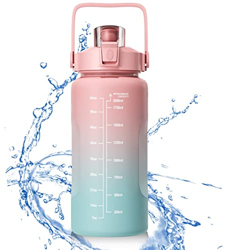 Firschoie Vattenflaska 2 liter, BPA-fri, skala, läckagesäker, sportvattenflaska med sugrör och tidsmarkering, för löpning, yoga, gym, sport (rosa)